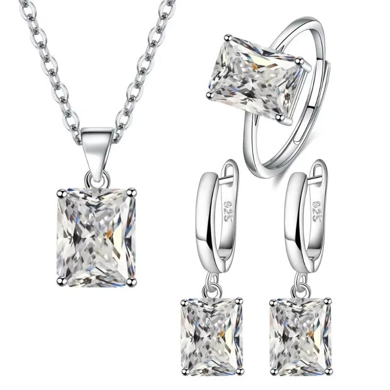 Elegant Jewelry Sets Ring Earrings Necklace For Women Rectangle Geometry Zircon Wedding Accessories