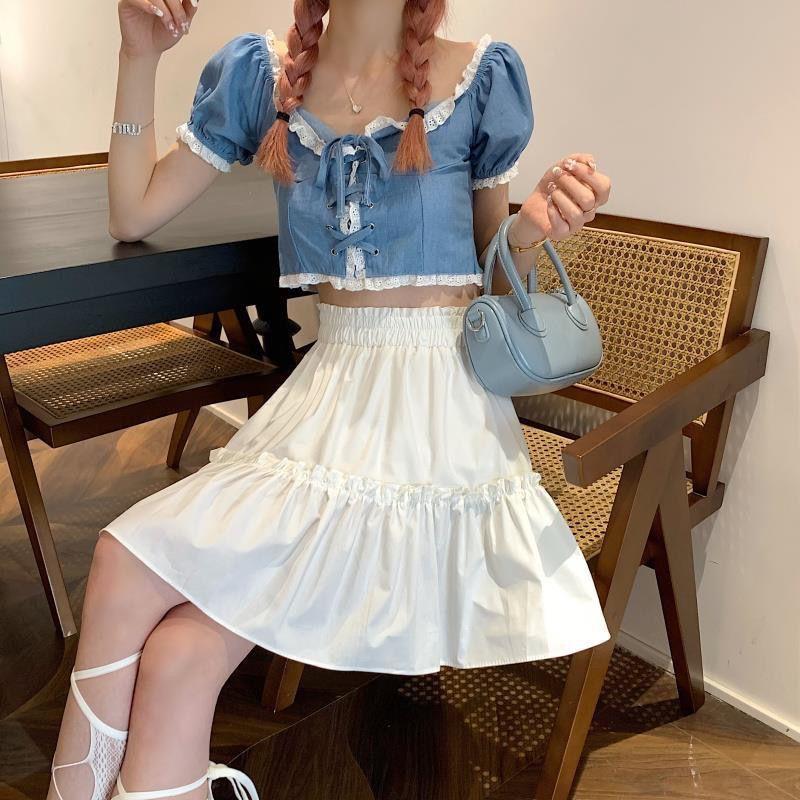 Women Kawaii Cute Mini Skirts Summer Patchwork High Waist Pleated Skirt Korean Fashion Preppy Style