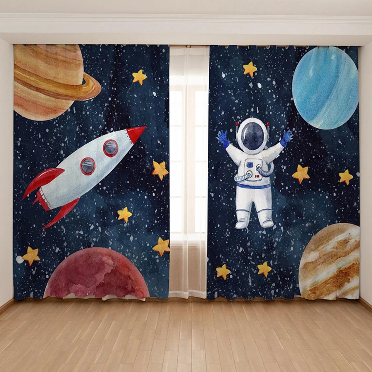 

Шторы в игровом стиле с рисунком из мультфильма «Космическая тема» с изображением астронавта и ракеты со звездным небом для детской комнаты, спальни для мальчиков, эркерные шторы с высокой затемняющей шторой W55 X H120cm X 2&Grommet Top