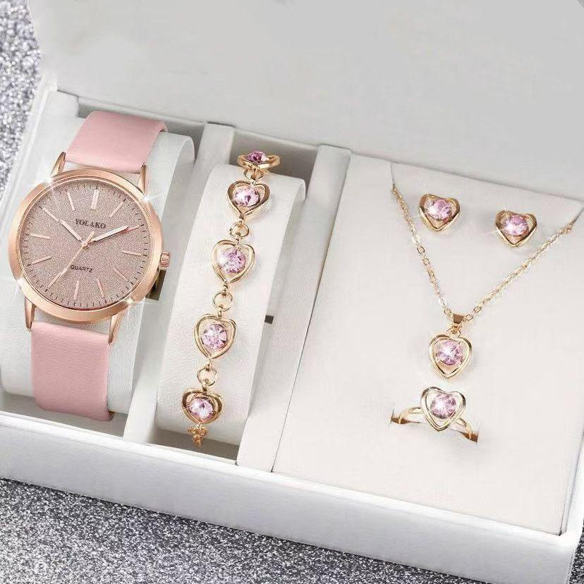 Women's watch, simple new model, five-piece set, round jewelry wristwatch set, women's high-end, light luxury, fashionable women's watch