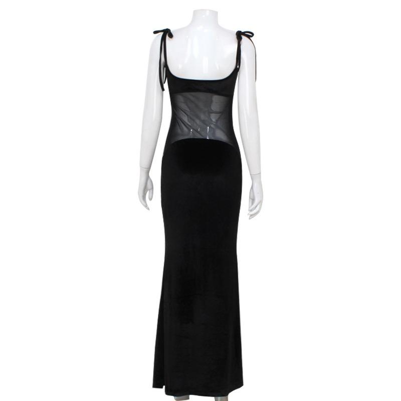 Women's Mesh Splicing Strap Perspective Sexy Hot Fashion Low-cut Halter Fishtail Dress