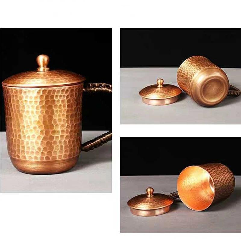 Handcrafted Pure Copper Beer Coffee Mug With lid Retro Hammer Weave Handle Thickened Hammer 350 ml Breakfast Cup Drinkware