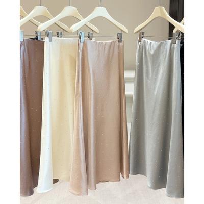 Tall Acetate Satin Hot Diamond Skirt Women's Spring New French High Waist Skinny Hips Fish Tail Dress