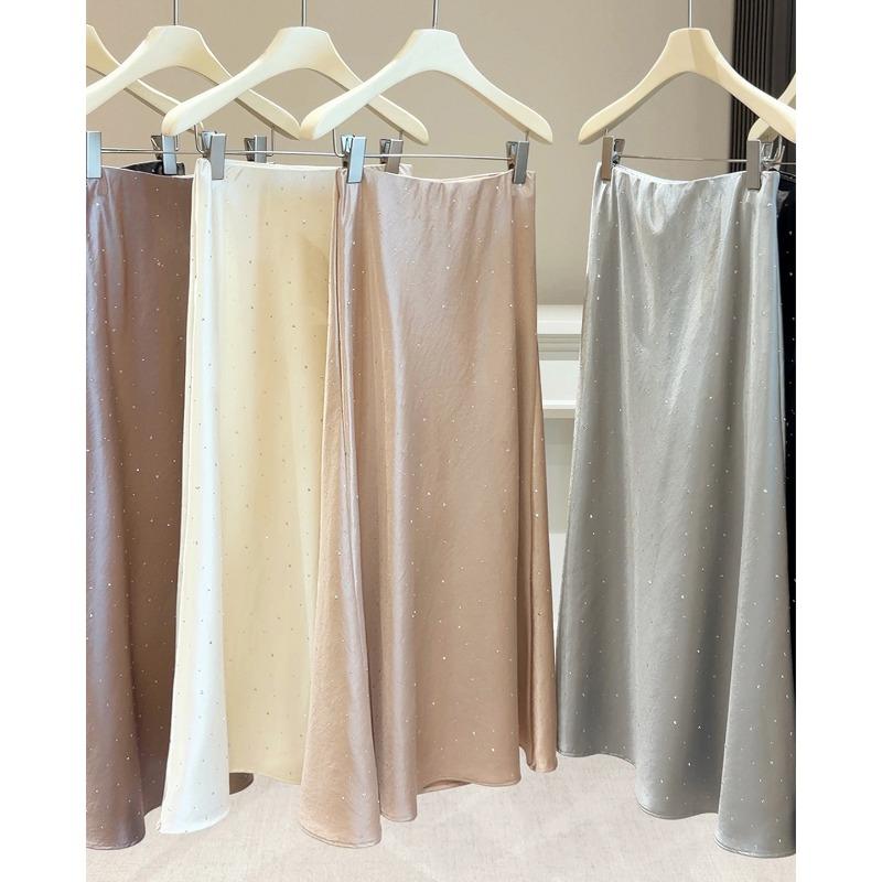 Tall Acetate Satin Hot Diamond Skirt Women's Spring New French High Waist Skinny Hips Fish Tail Dress