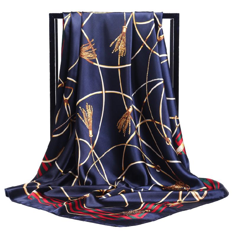 Luxury Women Silk Scarf Square Bandana Design Brand Headband Female Satin Hijab Large Shawl Wrap Lady Kerchief Chain Print New