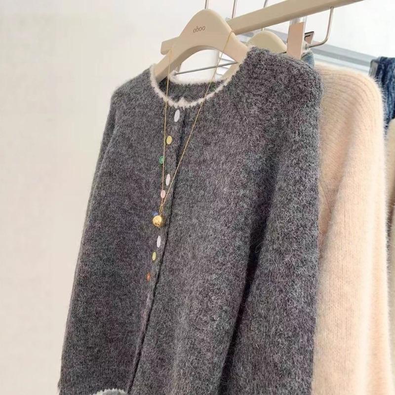 Grey round neck long sleeve knitted cardigan sweater jacket women's new small wear soft waxy loose top
