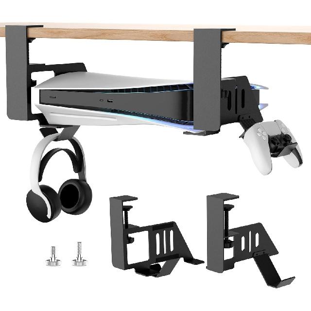 Semaiki Metal Stand Horizontal, Under Desk Storage kit Compatible with PS5/PS5 Slim Consol- Disc & Digital Editions, with Controller, Earphone Dock,