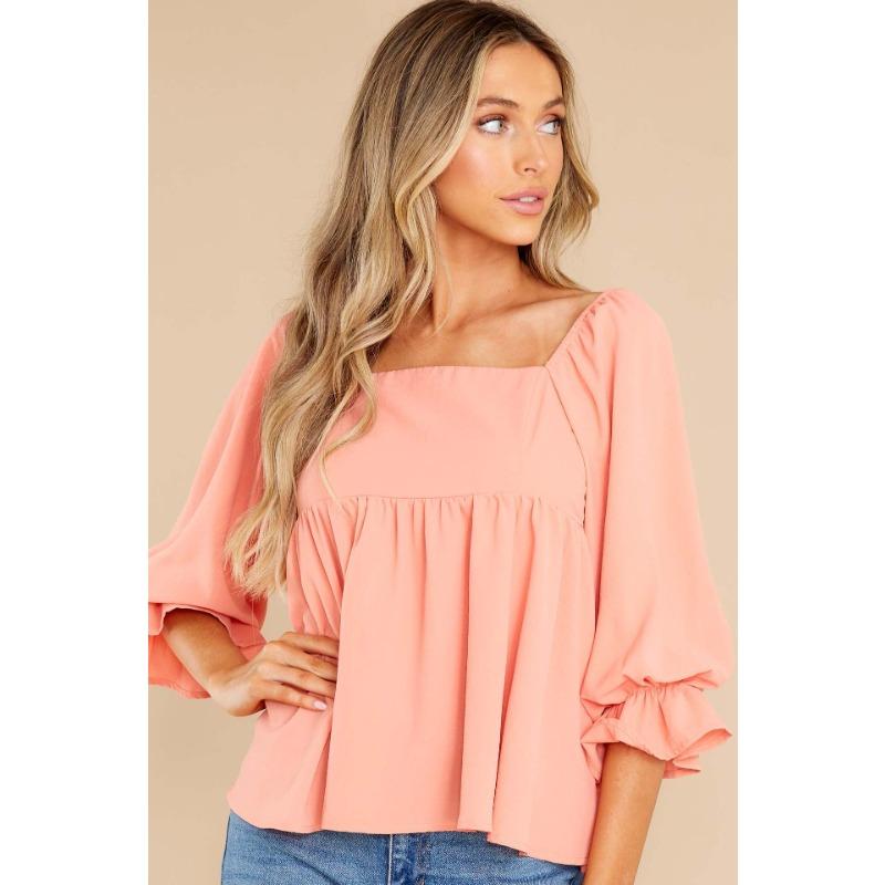 

Весна и осень Новые женские топы Простые однотонные рубашки со средними рукавами и квадратным воротником XL розовый