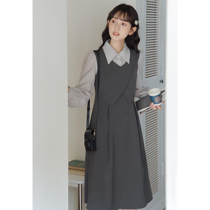 

Двухкомпонентное платье Хепберн в стиле колор-блок: Приталенное платье для собеседования с длинным рукавом и юбкой, подчеркивающей талию M серый