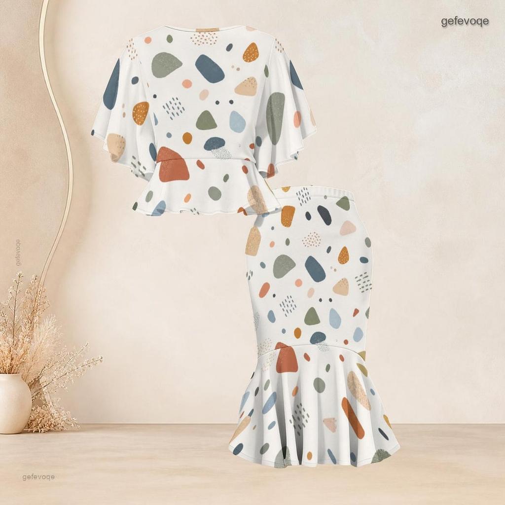 Women Plus Size Pink Black White Printed Two Piece Set Round Neck Batwing Sleeve Ruffle Hem Top Fishtail Skirt