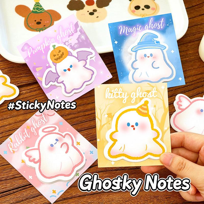 Halloween Ghost Sticky Notes Set 1/4Pcs Reusable Cute Cartoon Die Cut Memo Pad for Study Work Daily Reminder
