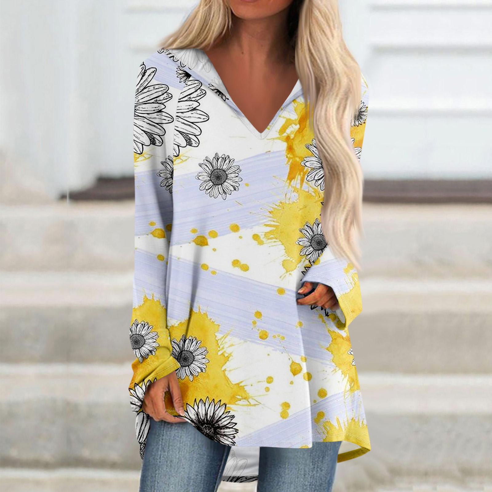 Женские свободные топы с V-образным вырезом и капюшоном с длинными рукавами — фото 6