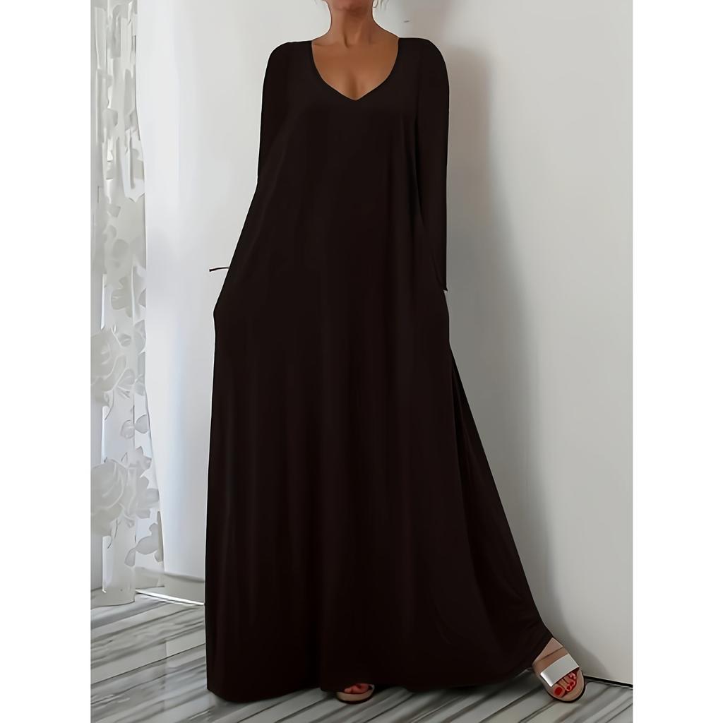 Women's V Neck Short Sleeve Maxi Dress Loose Fit Casual Solid Summer Beach Gown