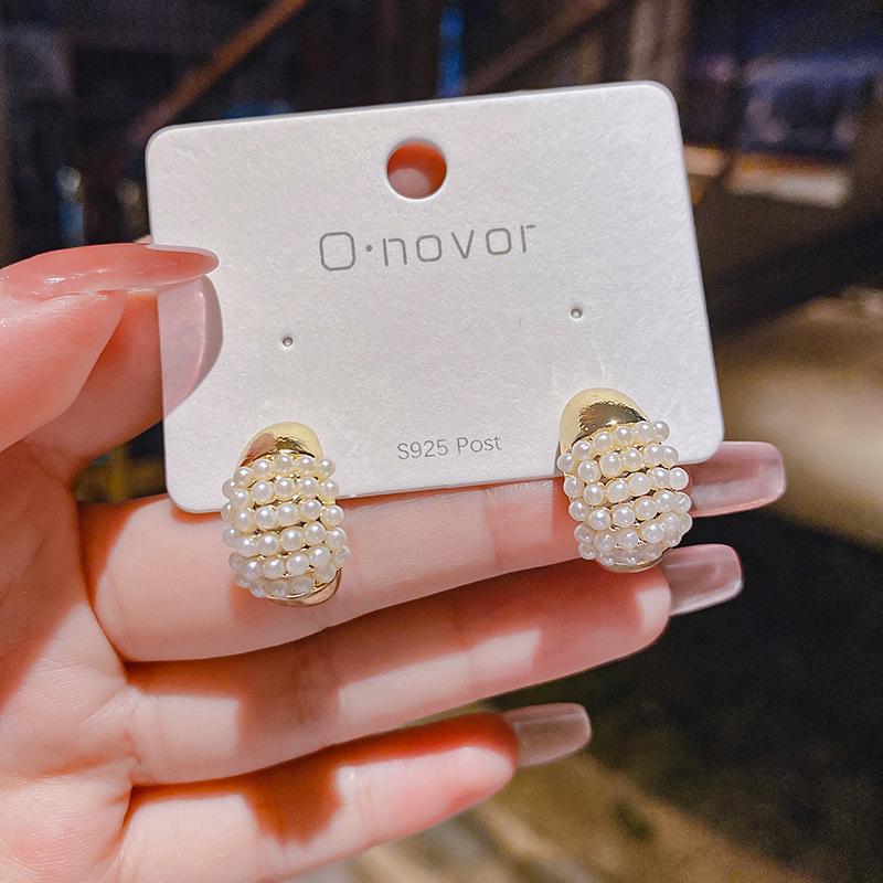 S925 Sterling Silver Korean Pearl & Rhinestone Cluster Rectangular Earrings for Women 1A310