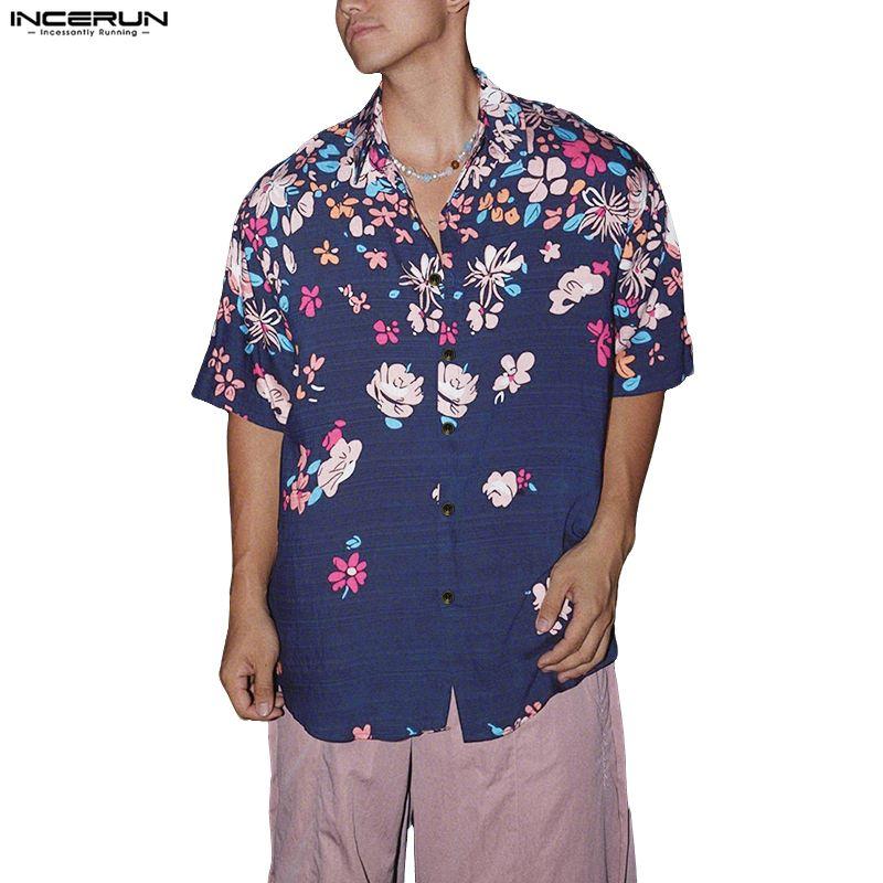 INCERUN Übergroße Herren Hemden mit Reverskragen, kurzen Ärmeln, Blumendruck, lässig und locker