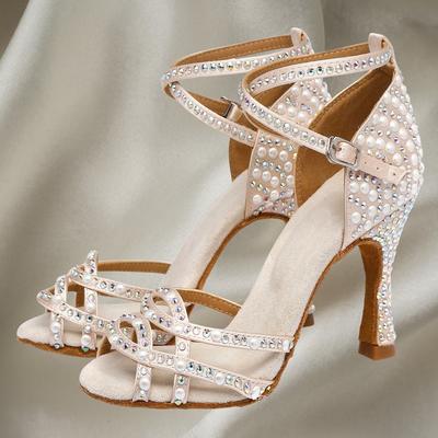 Latein Tanzschuhe für Erwachsene, Heißgepresste Farbige Diamant-Perlen High-Heeled Sandalen, 7,5 cm Weiche Sohle Bühnenauftritt Übungsschuhe