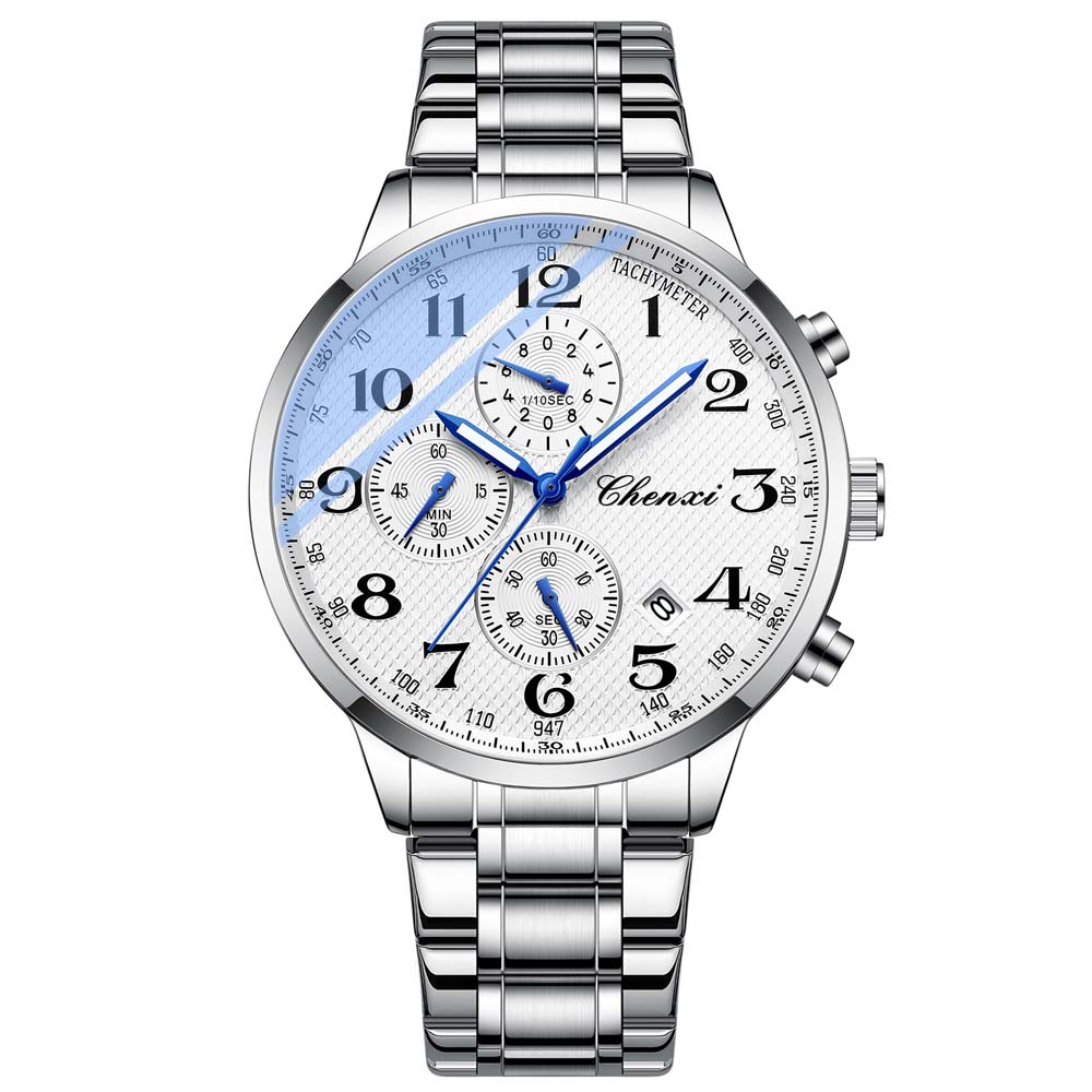 CHENXI Multifunctional Men's Watch, Real Three-Eye Six-Needle Calendar Chronograph, Stainless Steel Strap, Quartz Movement