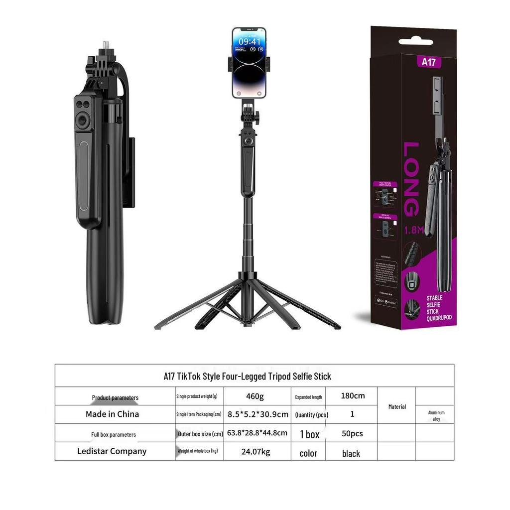 A17 Selfie Stick: Aluminum Alloy, Bluetooth Remote, 1.8m Floor Stand, One-Button Open, with Fill Light for Live Streaming