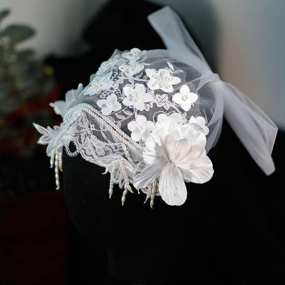 White Bridal Hat Lace Floral Wedding Headwear French Bride Headdress  Headpieces