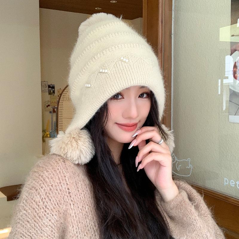 Autumn and Winter Rabbit Hair Hat for Women Pearl Lace Wool Ball Knitted Wool Hat for Winter Warmth and Cold Protection Ear Protection Hat Trend