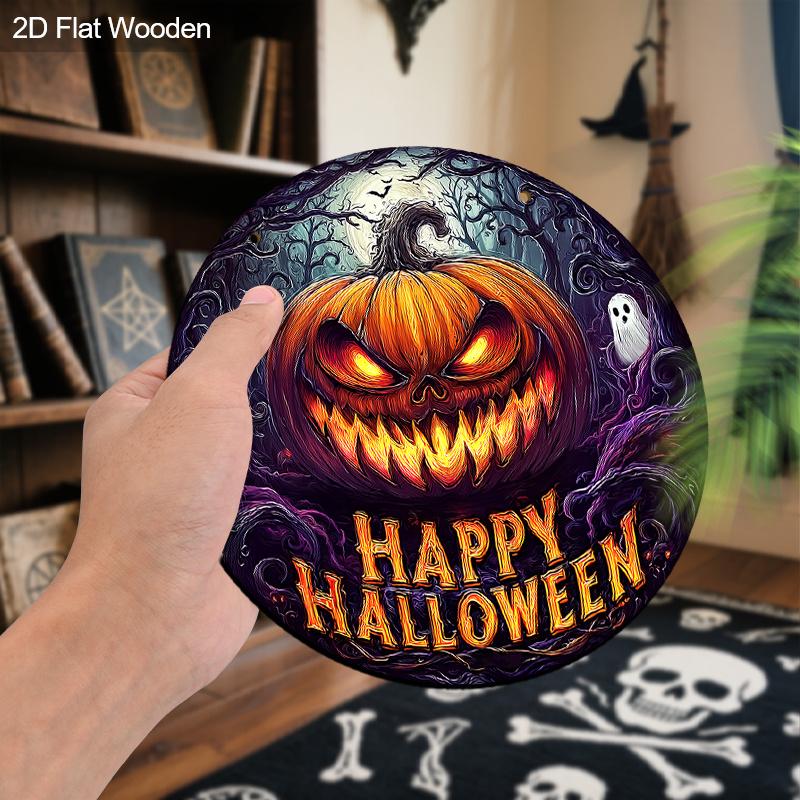 Happy Halloween Wooden Sign with Terrifying Pumpkin Pattern - Unique Figurine Ornaments - Ideal for Front Door, Farm, Porch Decor
