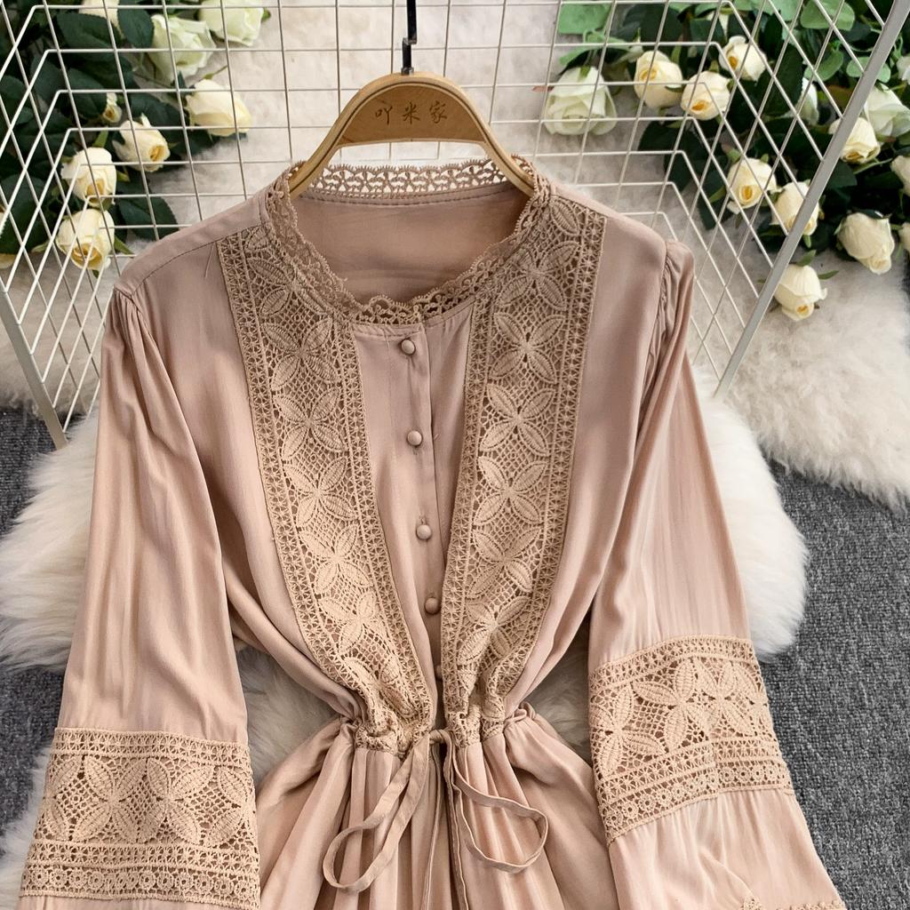 Lace Patchwork Round Neck Long Sleeved Dress for Women In Spring  Autumn Buttoned Drawstring Waist Cinching Slimming Cake Women Dress