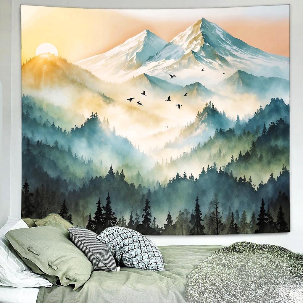 Delur Mountain Tapestry Boho Moon Stars Starry Night Tapestry Wall Hanging Forest Tree Nature Landscape Psychedelic Headboard Fo