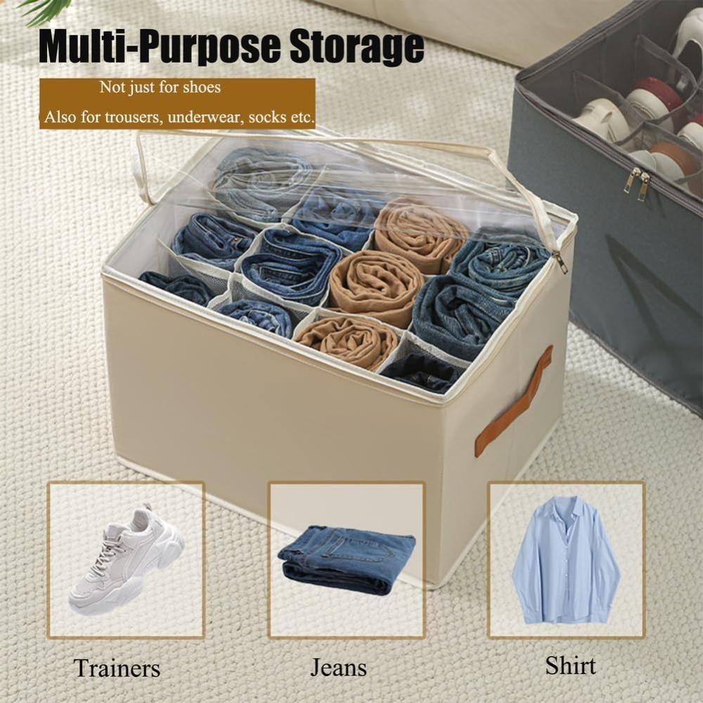 Foldable Closet Shoe Storage Box Home Clothes Towels Space-Saving Bin Clear Cover Containers