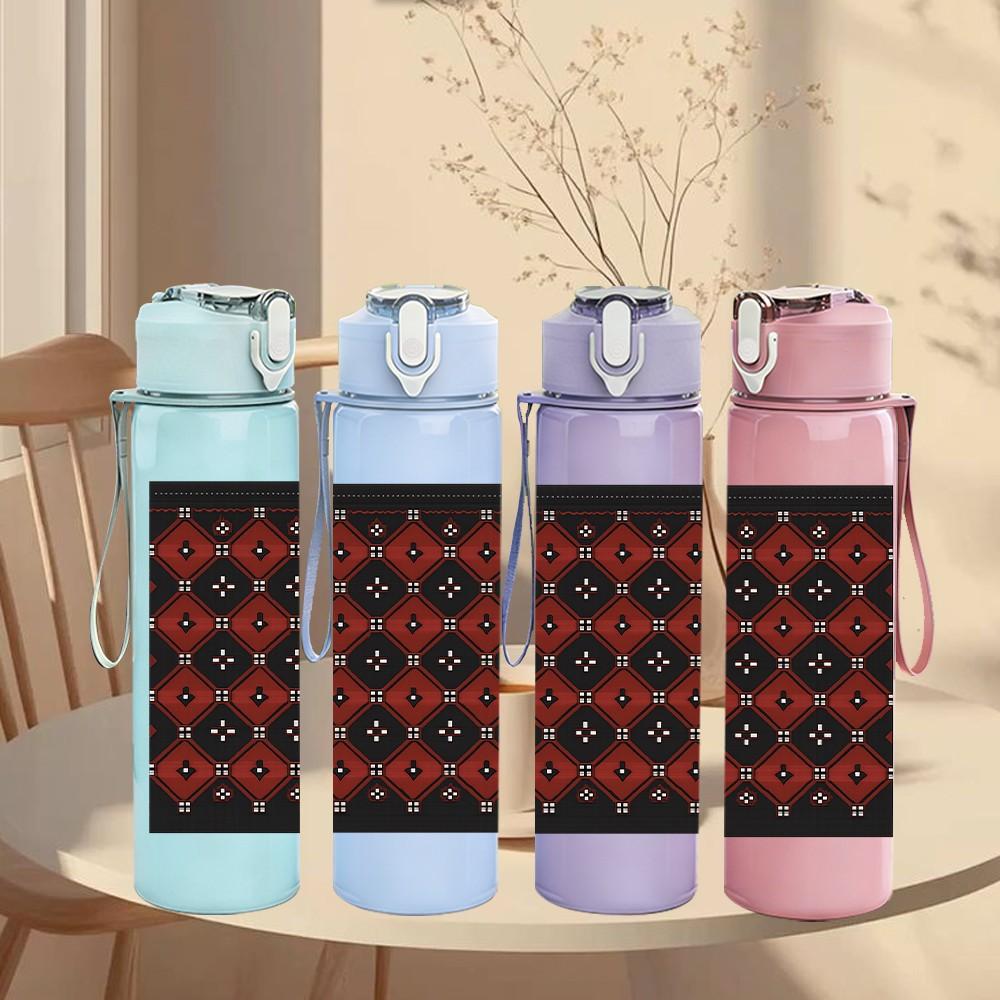 1PC Dark Red Floral Square Texture 750ml Color Plastic Sports Water Bottle Leakproof Flip Straw Lid For Sports Office Home Use