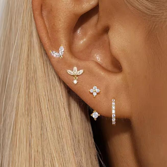 4PCS Zircon Heart Moon Flower Small Hoop Earrings Set For Women Stainless Steel Huggies Pendant Piercing Earrings Jewelry Aretes