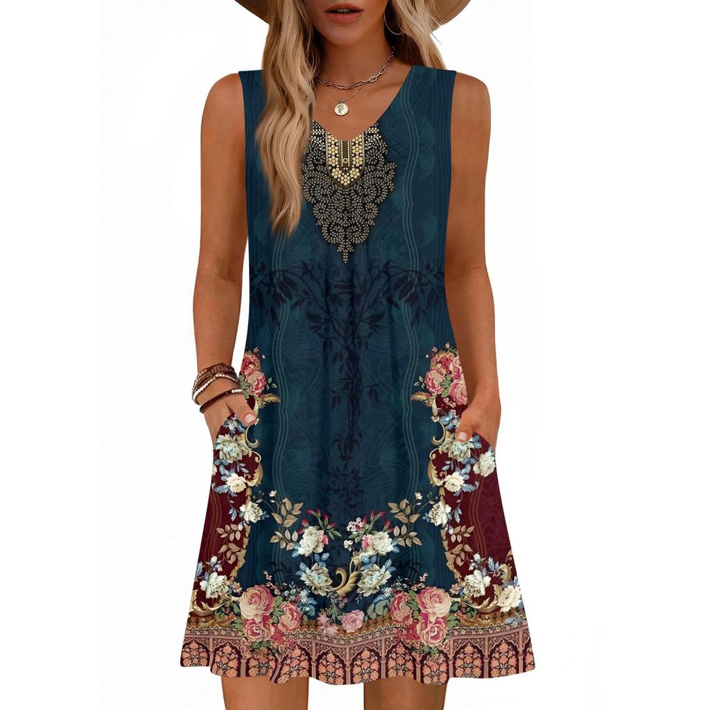 Women's Fashion Printed Summer Sleeveless V-neck Tank Top Pocket Casual Loose Dress