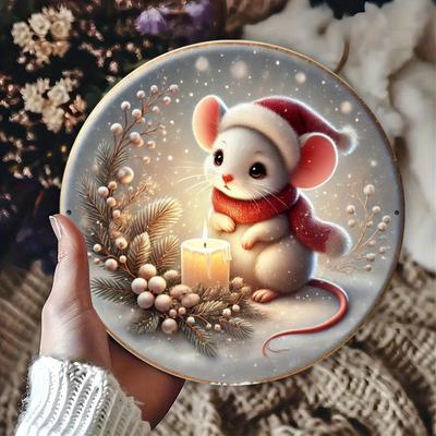 Winter Christmas Mouse with Candle Metal Tin Sign Home Wall Decor