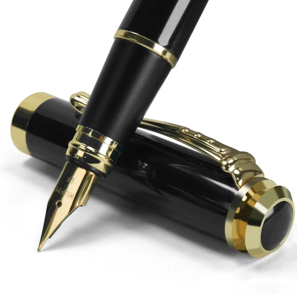 STONEGO 0.38mm Ultra Fine Tip Fountain Pen, Black Metallic Calligraphy Gift Pen with Ink Refill Converter, Executive Pen