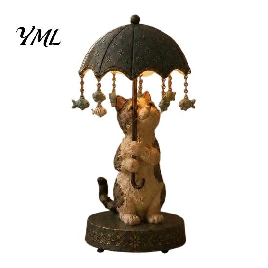 Cute Animal Sculpture Lamp Rotating Umbrella Lamp, Resin Holding Vintage Sculpture, Shape Bedside Light Tabletop Cat Dog Goose Figurine for