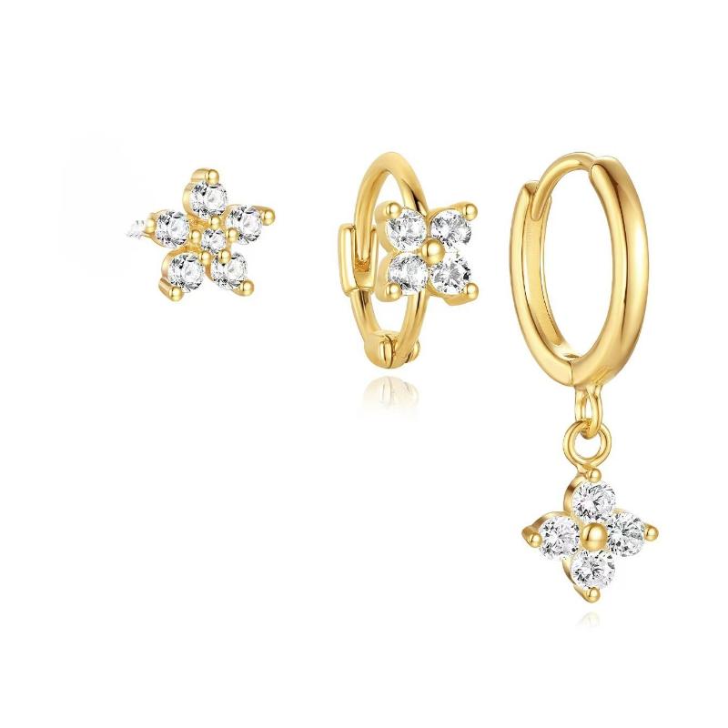 3PCS Fashion Cute Zircon Flower Ear Stud For Women Fashion 18K Gold Plated Star Ear Stud Earring Piercing Girl Set Jewelry Gift