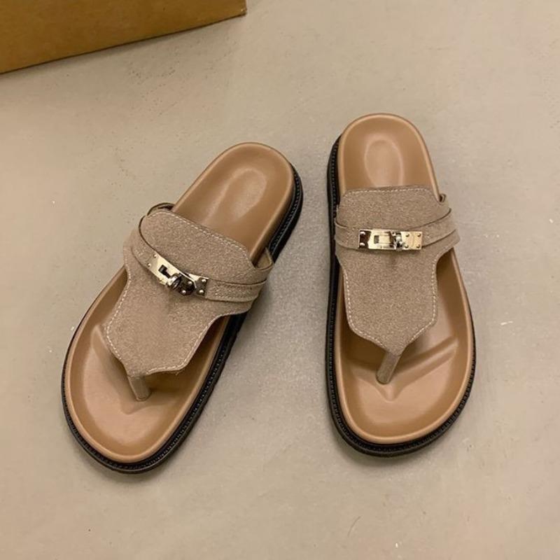 Women's Thick Sole Flip Flops with Metal Buckle Comfortable Non Slip Slippers Summer Outdoor Beach Sandals Sandalias De Mujer