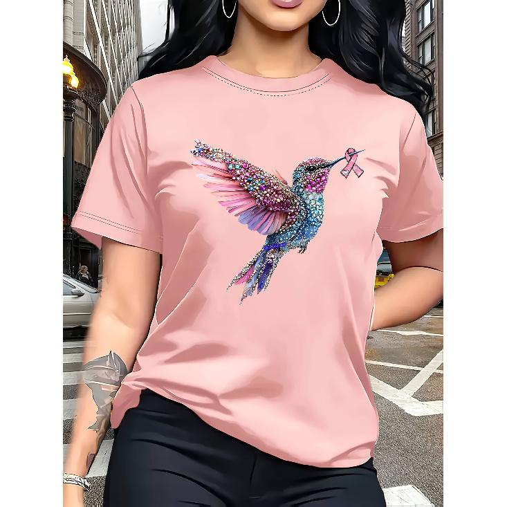 Women's Fashion Casual Wear T Shirt Hummingbird Pattern Print T Shirt Short Sleeved Round Neck Casual Tops for Summer and Spring Women's