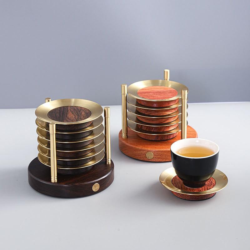 Elegant Copper Wood Tea Coaster Set 6pcs Modern Chinese Style Heat Resistant Wooden Cup Mat Ceremony