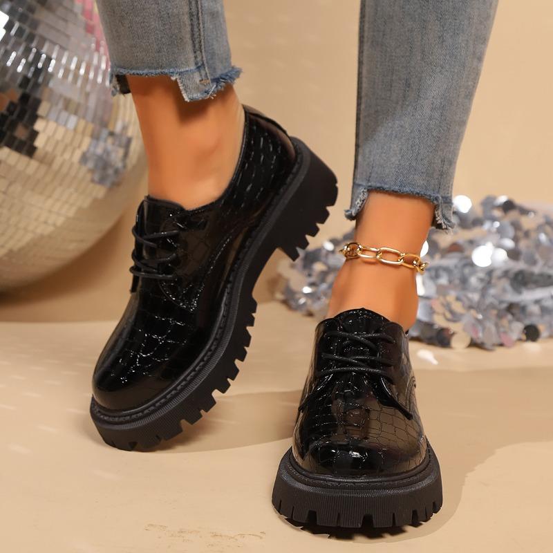 Patent Leather Block Heels Autumn New Round Toe Lace-Up Soft Sole Non-Slip Wear-Resistant Loafers