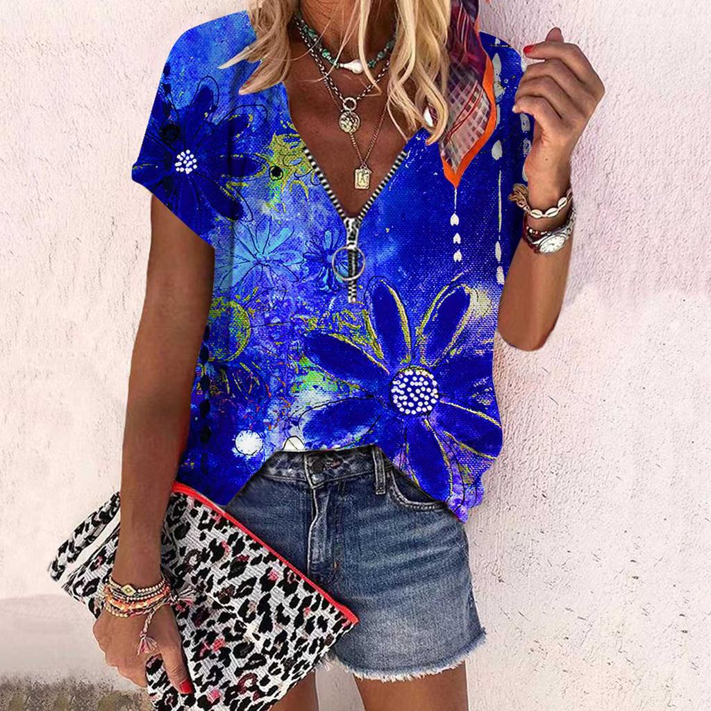 Dame Topp Sommer Ny Mote Rose Blomst Graffiti Blomster Trykt Casual Glidelås V-hals Kort Erm Topp