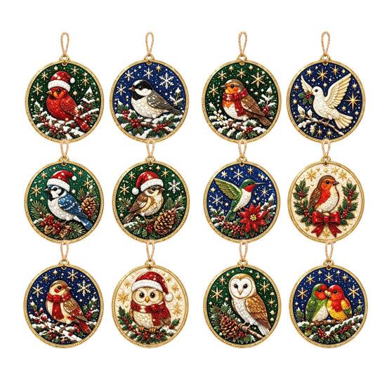 Festive Home Decoration 12PCS Christmas Tree 2D Flat Pendant, Pearl Acrylic Art Kits, Bright Seasonal Wall Hanging Color Classic Patterns Ornament for