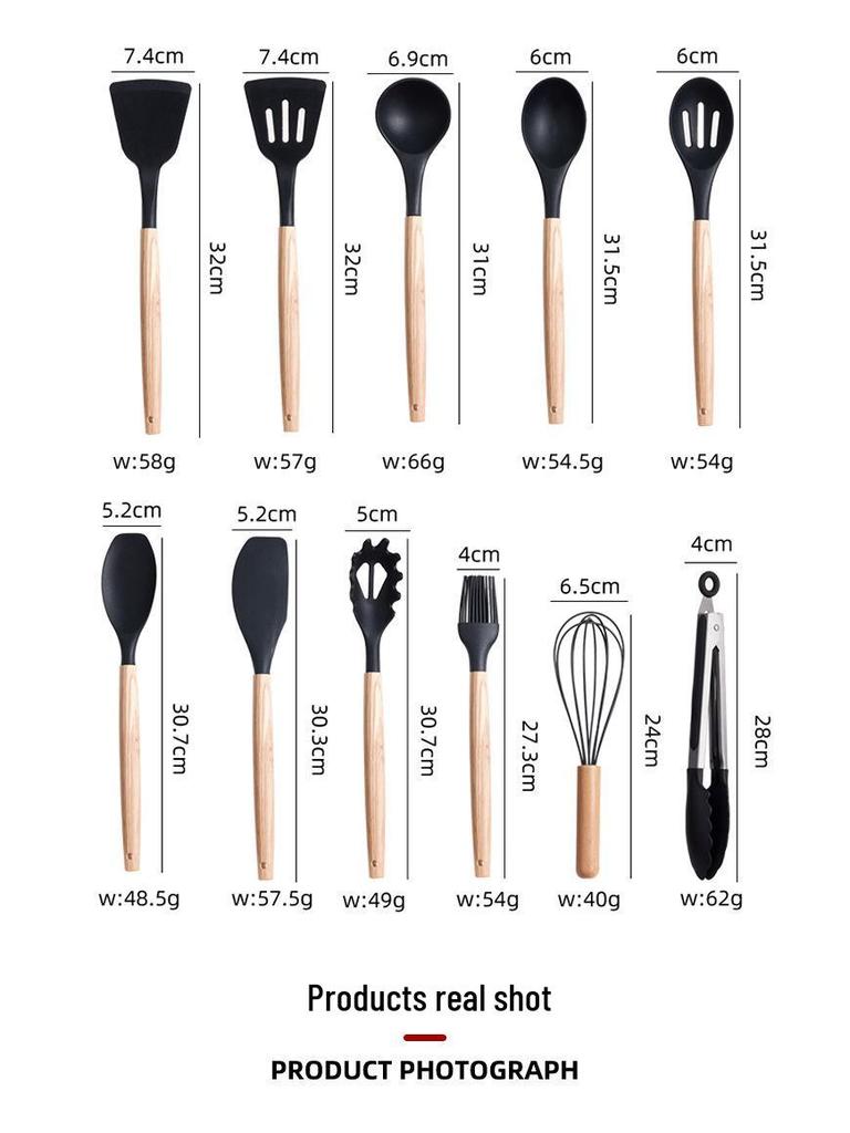 19-Piece Wooden Handle Silicone Kitchen Utensil Set with Spatulas, Spoons, Storage Bucket, and Knife Set