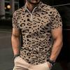 Women Short Sleeve Polo Shirt Light Beige Black Dense Leopard Print Half Zip Lapel Top