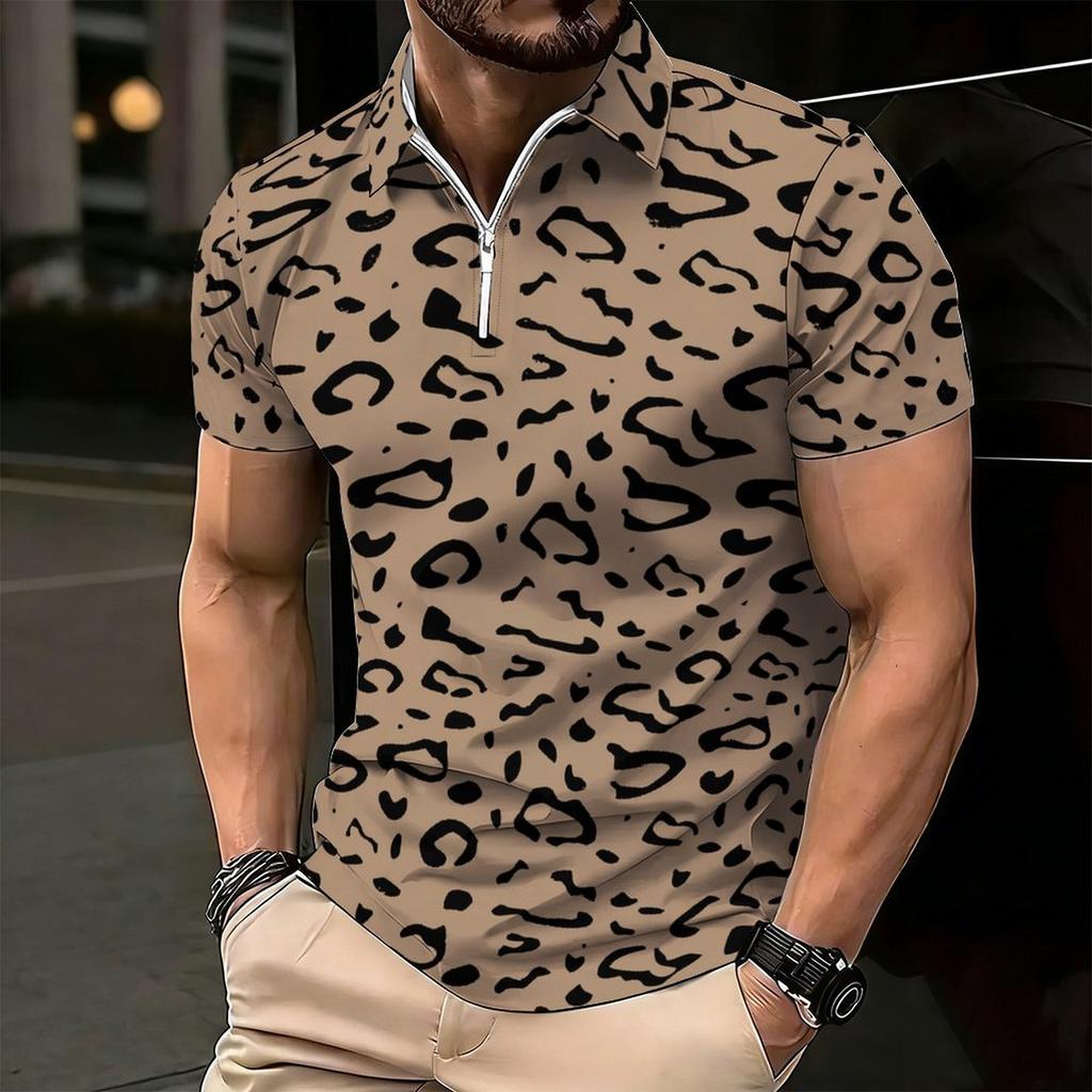 Women Short Sleeve Polo Shirt Light Beige Black Dense Leopard Print Half Zip Lapel Top