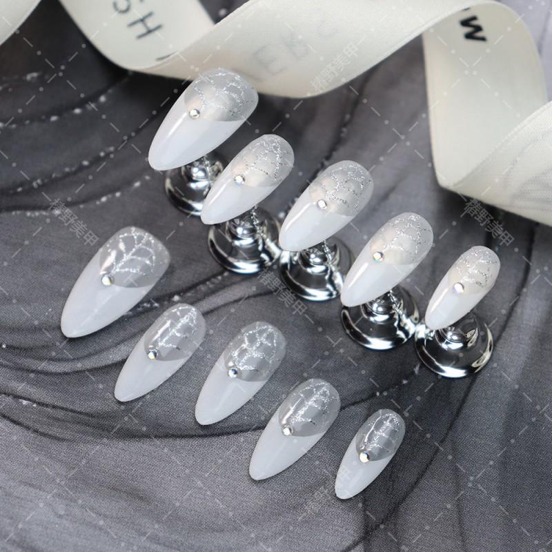 Handmade Press-On Nails White French Almond Shape With Rhinestones Line Design Women Halloween Party L Includes 3-piece set with nail application tools