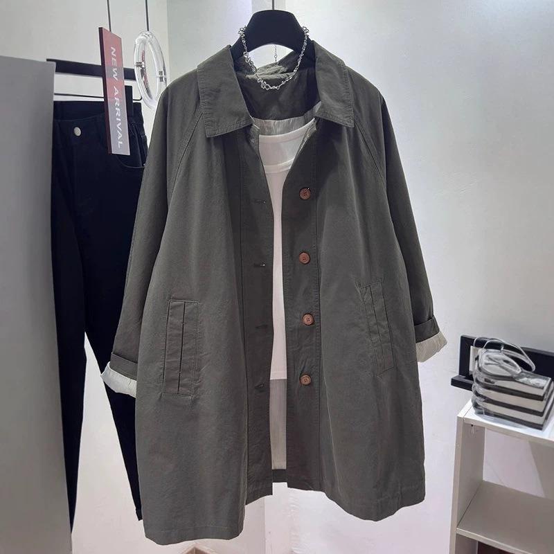 Khaki trench coat women's medium and long autumn and autumn new loose and good-looking clothes