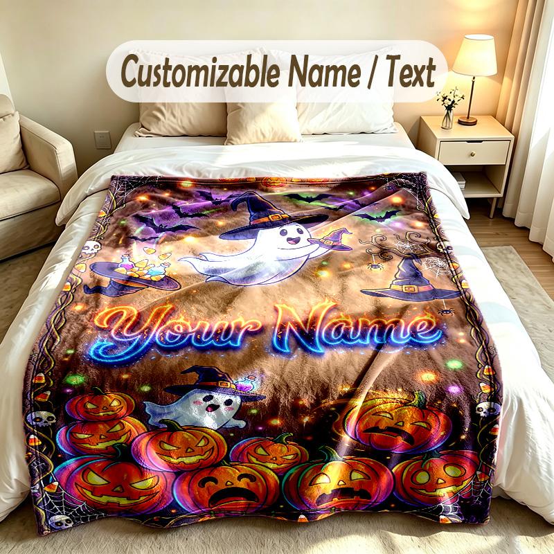 Halloween Theme Custom Blanket Personalized Name & Text Customized Soft Warm Throw Blanket Home Decor