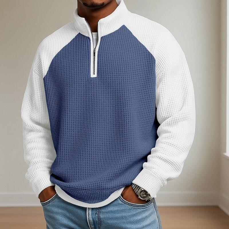 Spring Autumn Waffle Tops Men Patchwork Half Zipper Stand Collar Sweatshirts Fashion Pullover Hoodie Streetwear Man