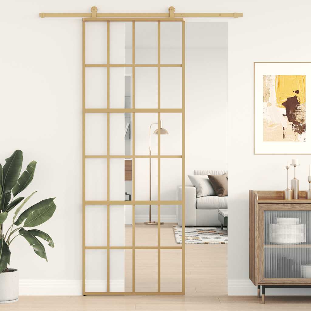 Sliding Door Gold 76x205 Cm Tempered Clear Glass and Aluminium
