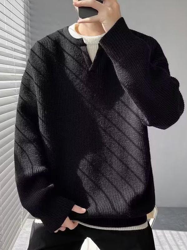 Men's Trendy Hong Kong Style Patchwork Sweater - Winter Round Neck Old Money Knitwear Casual Base Layer